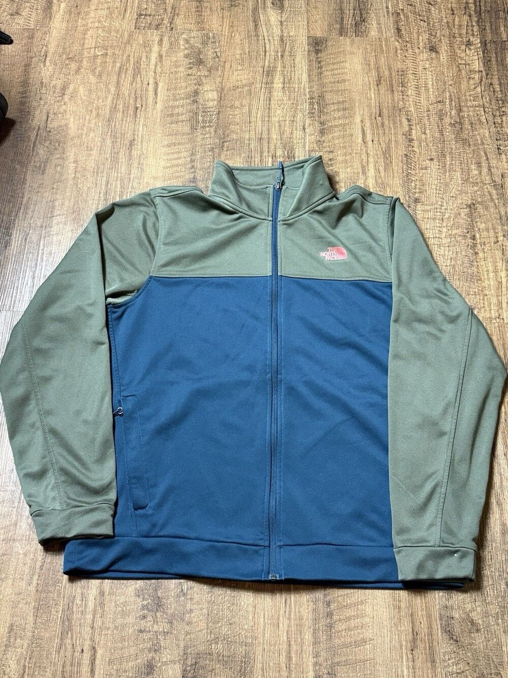 The North Face Mens Track Jacket Large Green Navy Blue Full Zip Fleece Sweatshir